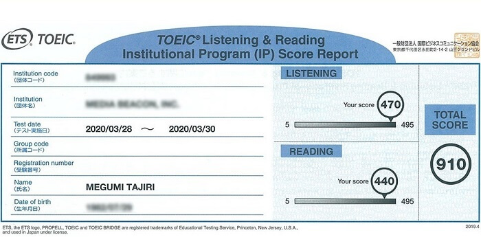 TOEIC L&R TEST900点を記録した証明書